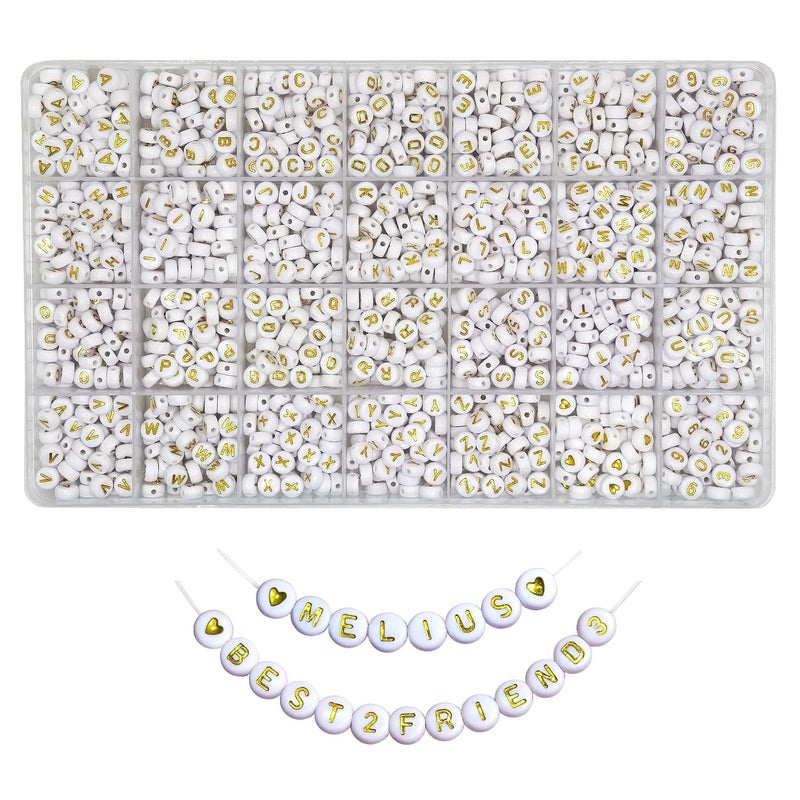 Melius Acrylic Gold Letter Beads 1450 Pcs 4x7mm Round Alphabet Beads in 28 Grid Box for Jewelry Making DIY Bracelets Necklaces Key Chains Bracelets