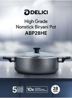 DELICI Dum Biriyani Pot 28 CM Hammertone Biriyani Vessel, Superior Aluminium Body Granite, Healthy Non-Stick Eco-Friendly PFOA Free,  Tempered Glass & Aluminium Lids Heat Proof Bakelite Handle Multiple Cooktop Compatible, Acid Alkali Corrosion & Stain Resistant, Biriyani Casserole  - Image 2