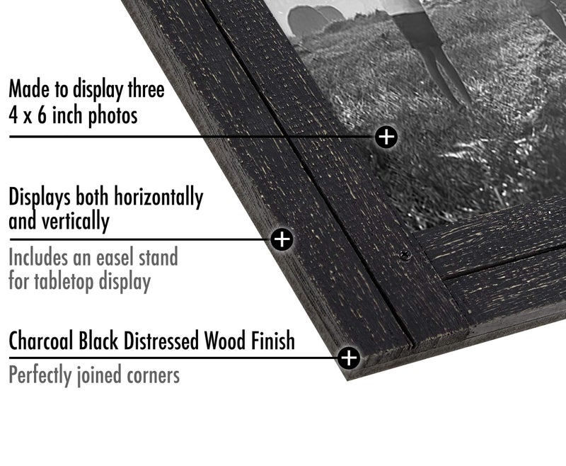 Americanflat Hinged 4x6 Triple Picture Frame with 3 Photo Openings and Polished Glass - Distressed Wood Collage Picture Frames for Tabletop and Wall Display - Hampton Collection - Charcoal Black - Image 3
