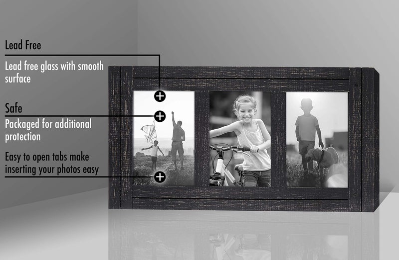 Americanflat Hinged 4x6 Triple Picture Frame with 3 Photo Openings and Polished Glass - Distressed Wood Collage Picture Frames for Tabletop and Wall Display - Hampton Collection - Charcoal Black - Image 4