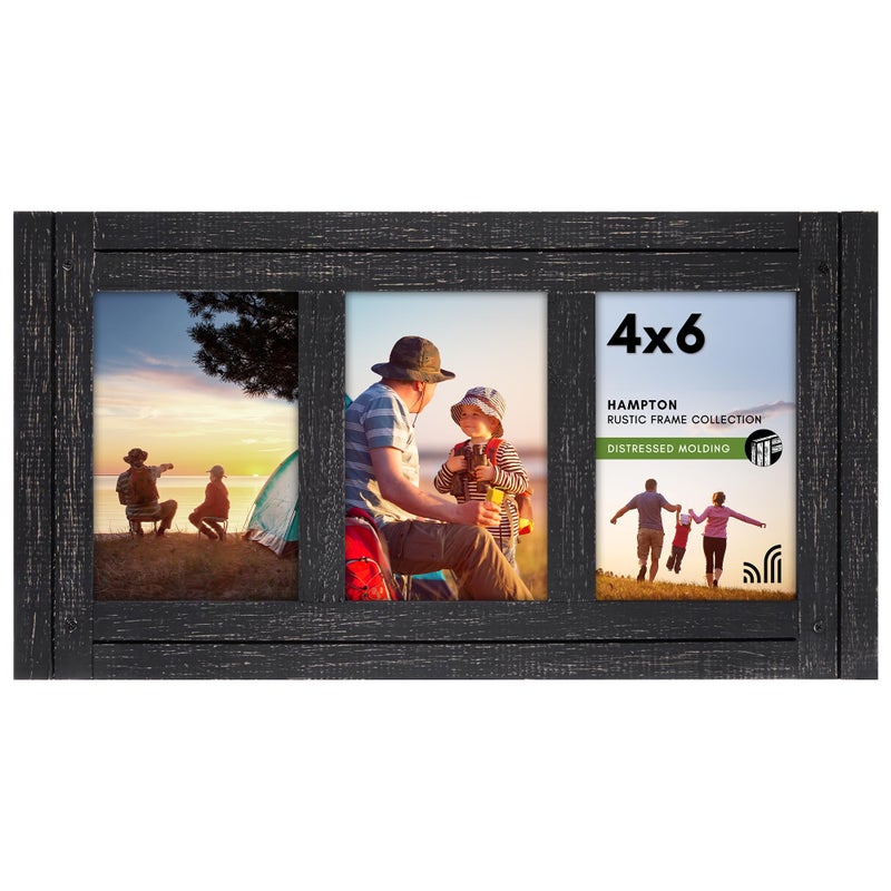 Americanflat Hinged 4x6 Triple Picture Frame with 3 Photo Openings and Polished Glass - Distressed Wood Collage Picture Frames for Tabletop and Wall Display - Hampton Collection - Charcoal Black - Image 1