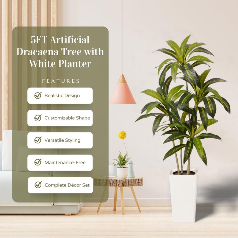 Artificial Home Decor 5FT Artificial Dracaena Tree â€“ Tall Faux Indoor Plant with Planter, Large Fake Plant for Living Room, Office, Bedroom & Home DÃ©cor - Image 3
