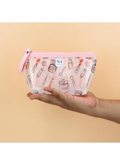 أساسيات المواد غير الغذائية حقيبة مستحضرات تجميل مطبوعة من مادة البولي يوريثين من NFI Essentials للنساء، حقيبة مستحضرات تجميل صغيرة شفافة، حقائب أنيقة لإكسسوارات المكياج ومنظم السفر (وردي فاتح)  - Image 4