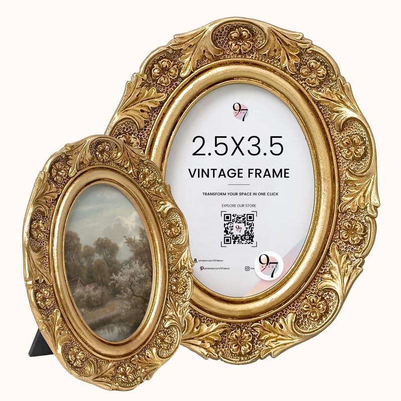 97 Decor 97 إطار صور صغير عتيق 2.5 × 3.5 - إطارات صور بيضاوية 2.5 × 3.5 للصور بحجم المحفظة، إطار ذهبي عتيق 2.5 × 3.5 للتعليق على الطاولة أو الحائط، إطار صغير مزخرف لتزيين الحائط بنمط عتيق - Image 1