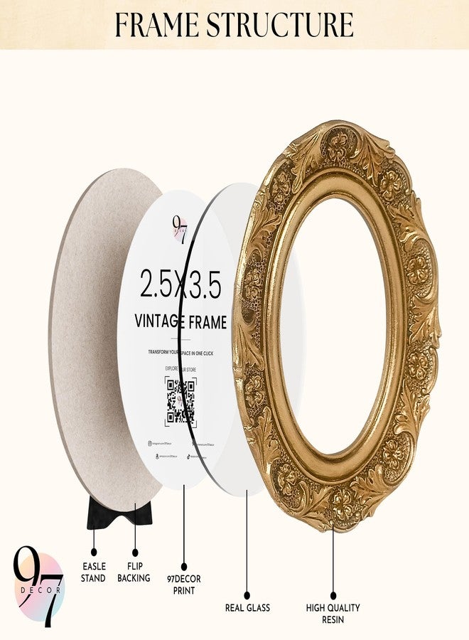 97 Decor 97 إطار صور صغير عتيق 2.5 × 3.5 - إطارات صور بيضاوية 2.5 × 3.5 للصور بحجم المحفظة، إطار ذهبي عتيق 2.5 × 3.5 للتعليق على الطاولة أو الحائط، إطار صغير مزخرف لتزيين الحائط بنمط عتيق - Image 3