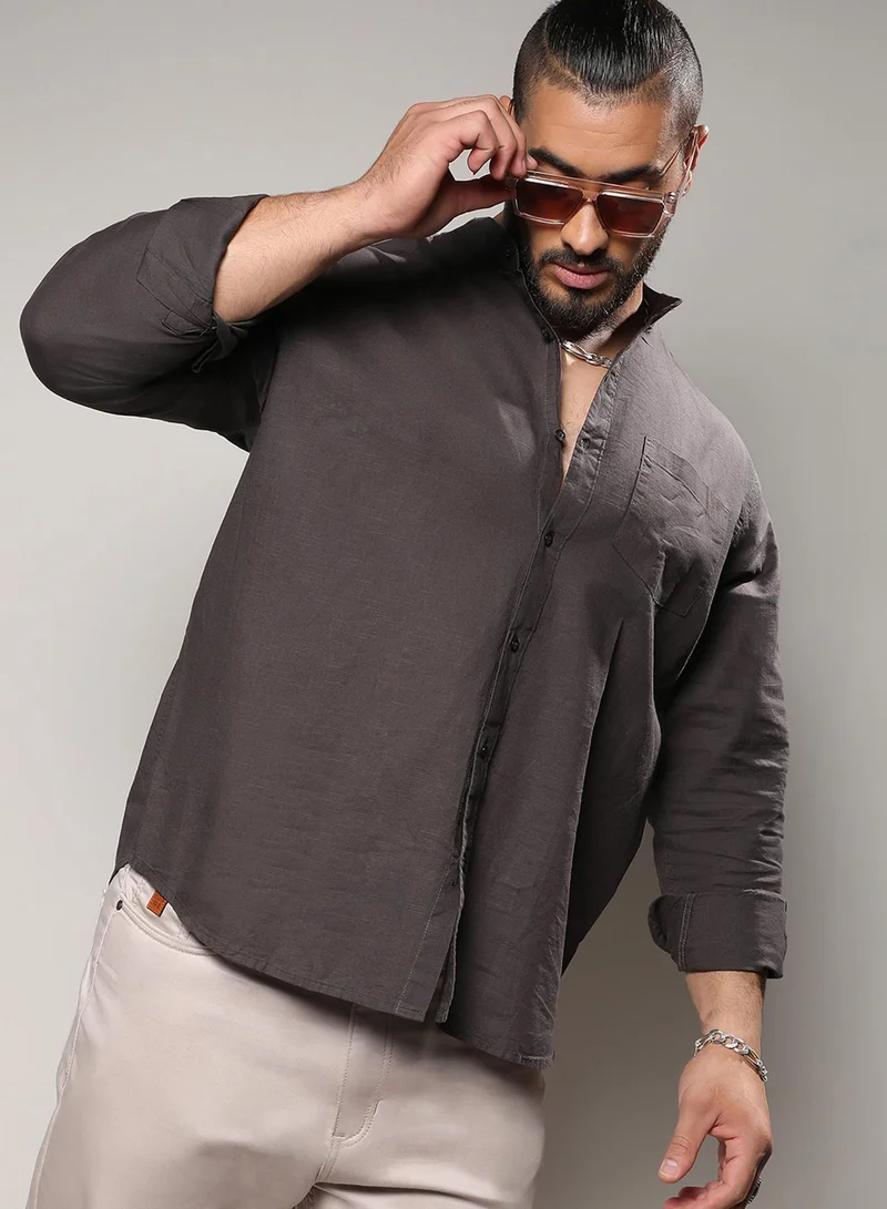 Instafab Plus Instafab Plus Men's Charcoal Grey Basic Button-Up Shirt For Casual Wear | Mandarin Collar | Long Sleeve | Button Closure | Shirt Crafted With Comfort Fit For Everyday Wear