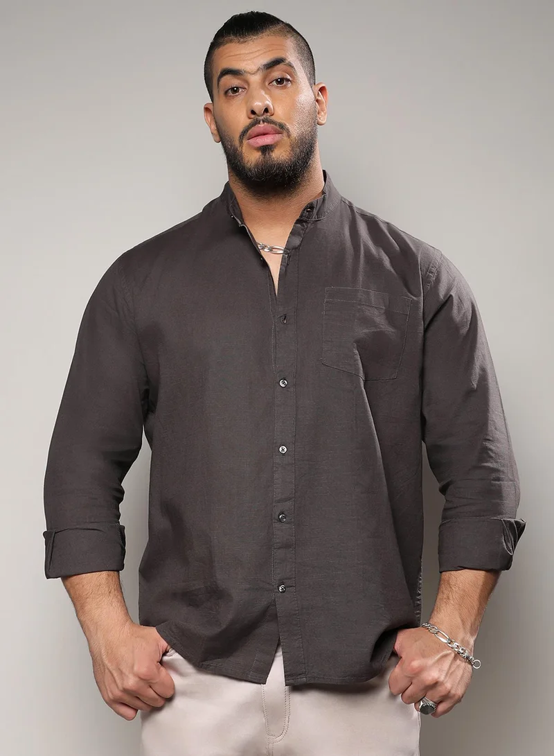 Instafab Plus Instafab Plus Men's Charcoal Grey Basic Button-Up Shirt For Casual Wear | Mandarin Collar | Long Sleeve | Button Closure | Shirt Crafted With Comfort Fit For Everyday Wear