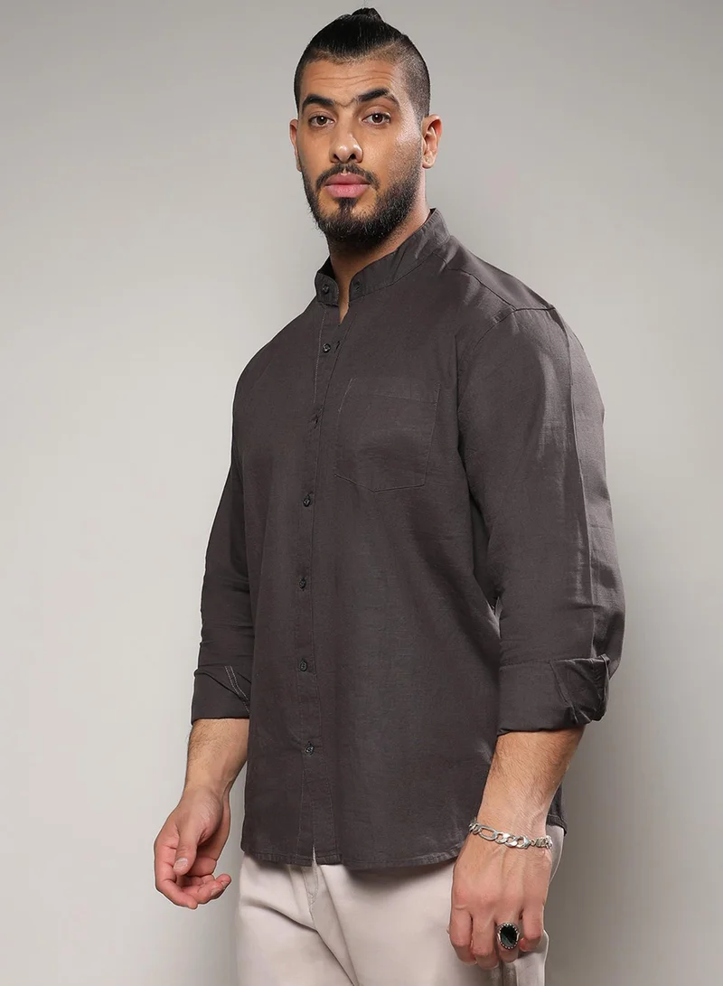 Instafab Plus  Instafab Plus Men's Charcoal Grey Basic Button-Up Shirt For Casual Wear | Mandarin Collar | Long Sleeve | Button Closure | Shirt Crafted With Comfort Fit For Everyday Wear for Men | Best Price UAE