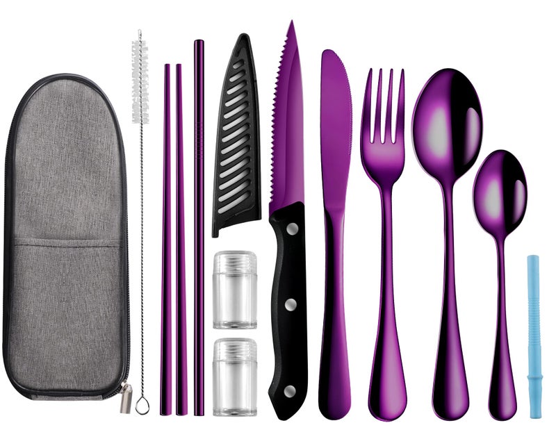 Logcow Travel Utensils Set with Case, 10-Piece Reusable Stainless Steel Camping Cutlery, Portable Fork Spoon Knife Chopsticks & Straw for Work, Lunch, Picnic (Purple) - Image 1