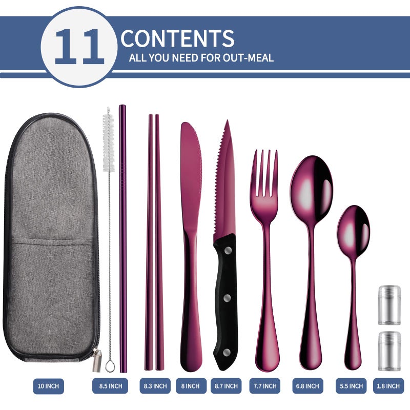 Logcow Travel Utensils Set with Case, 10-Piece Reusable Stainless Steel Camping Cutlery, Portable Fork Spoon Knife Chopsticks & Straw for Work, Lunch, Picnic (Purple) - Image 2