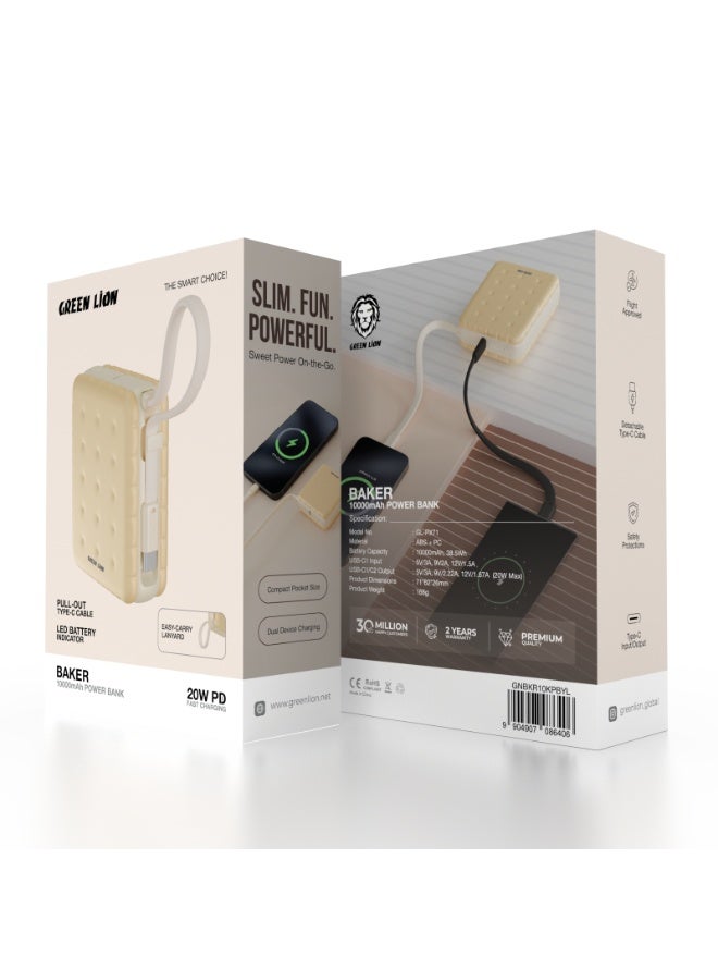 GREEN LION 10000mAh Baker PD 20W Power Bank, Portable PowerBank with Pocket Size Slim Design, 2 in 1 Built In Cable & Lanyard, 20W PD Fast Charging, Flight Approved Power Bank with LED Battery Indicator, Safety Protection, Dual Device Charing - Yellow - Image 3