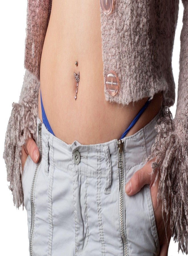 Pierced Owl 14GA 316L Stainless Steel CZ Crystal Butterfly with Dangling Crystals Belly Button Ring (Gold Tone/Clear) - Image 2