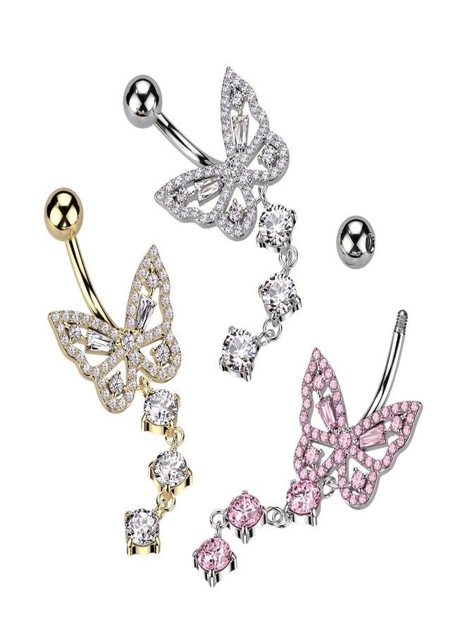 Pierced Owl 14GA 316L Stainless Steel CZ Crystal Butterfly with Dangling Crystals Belly Button Ring (Gold Tone/Clear) - Image 5