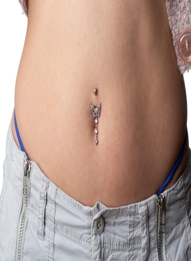 Pierced Owl 14GA 316L Stainless Steel CZ Crystal Butterfly with Dangling Crystals Belly Button Ring (Gold Tone/Clear) - Image 3