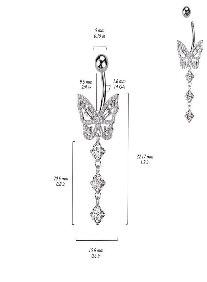 Pierced Owl 14GA 316L Stainless Steel CZ Crystal Butterfly with Dangling Crystals Belly Button Ring (Gold Tone/Clear) - Image 4