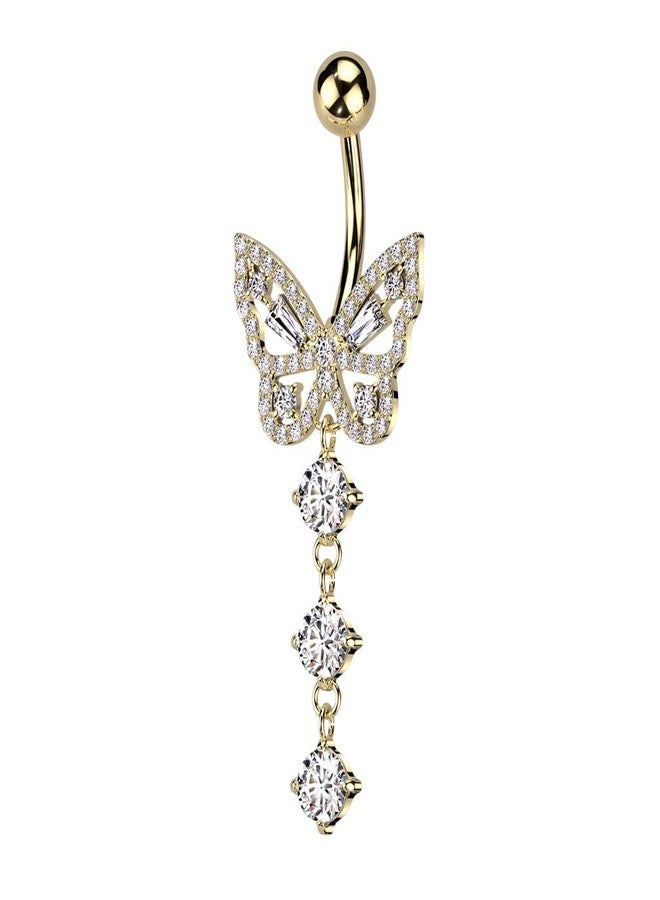 Pierced Owl 14GA 316L Stainless Steel CZ Crystal Butterfly with Dangling Crystals Belly Button Ring (Gold Tone/Clear) - Image 1