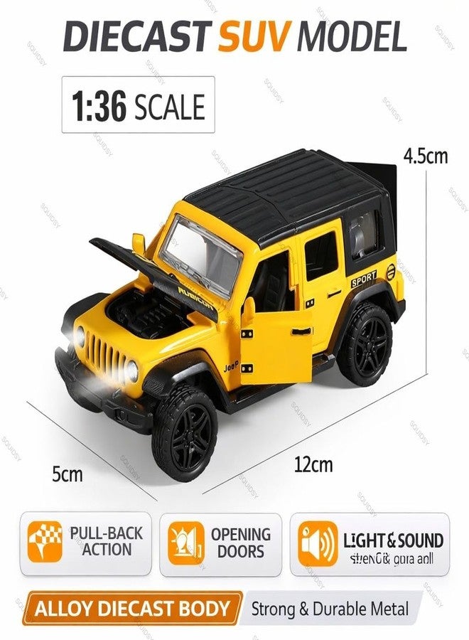 SQUIDSY 1:36 Scale Rubicon Car Model – Die-Cast Metal Pull Back SUV with Openable Doors, Lights & Music – Alloy Off-Road Toy Vehicle for Kids, Boys & Collectors (Yellow) - Image 4