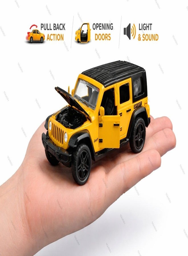 SQUIDSY 1:36 Scale Rubicon Car Model – Die-Cast Metal Pull Back SUV with Openable Doors, Lights & Music – Alloy Off-Road Toy Vehicle for Kids, Boys & Collectors (Yellow) - Image 3