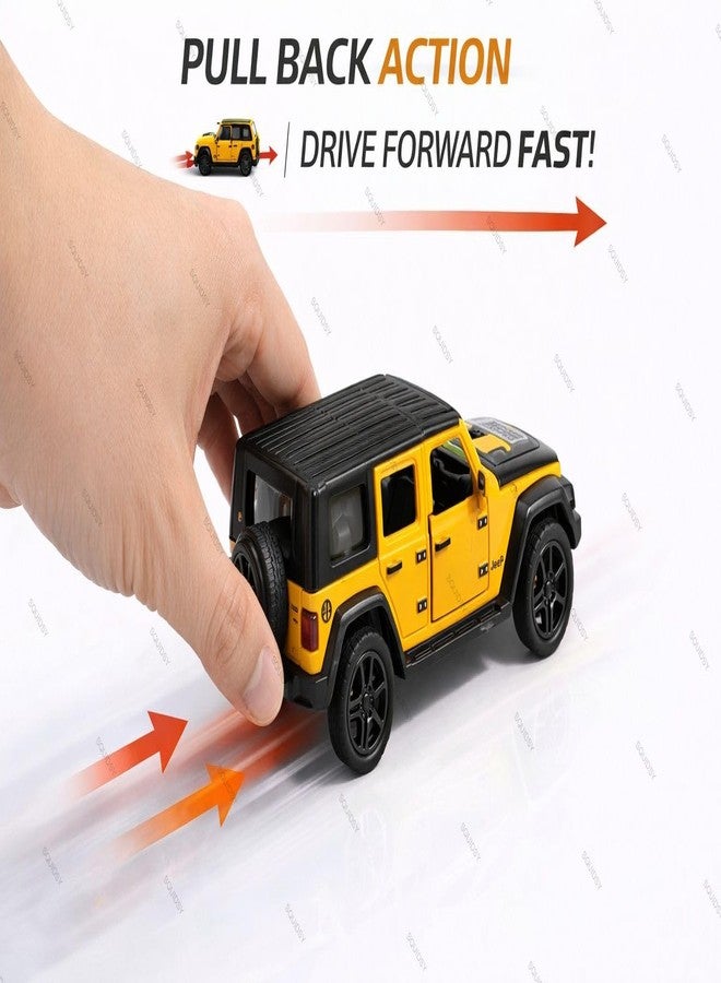 SQUIDSY 1:36 Scale Rubicon Car Model – Die-Cast Metal Pull Back SUV with Openable Doors, Lights & Music – Alloy Off-Road Toy Vehicle for Kids, Boys & Collectors (Yellow) - Image 2