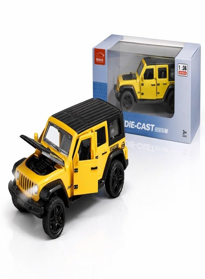 SQUIDSY 1:36 Scale Rubicon Car Model – Die-Cast Metal Pull Back SUV with Openable Doors, Lights & Music – Alloy Off-Road Toy Vehicle for Kids, Boys & Collectors (Yellow) - Image 1
