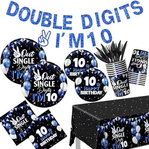 Bezkega 142pcs 10th Birthday Decorations for Boys10 Year Old Birthday Decorations Tableware Double Digits Birthday Boy Plates and Napkins Cups Tablecloth for Boys Birthday Party Decorations - Image 1