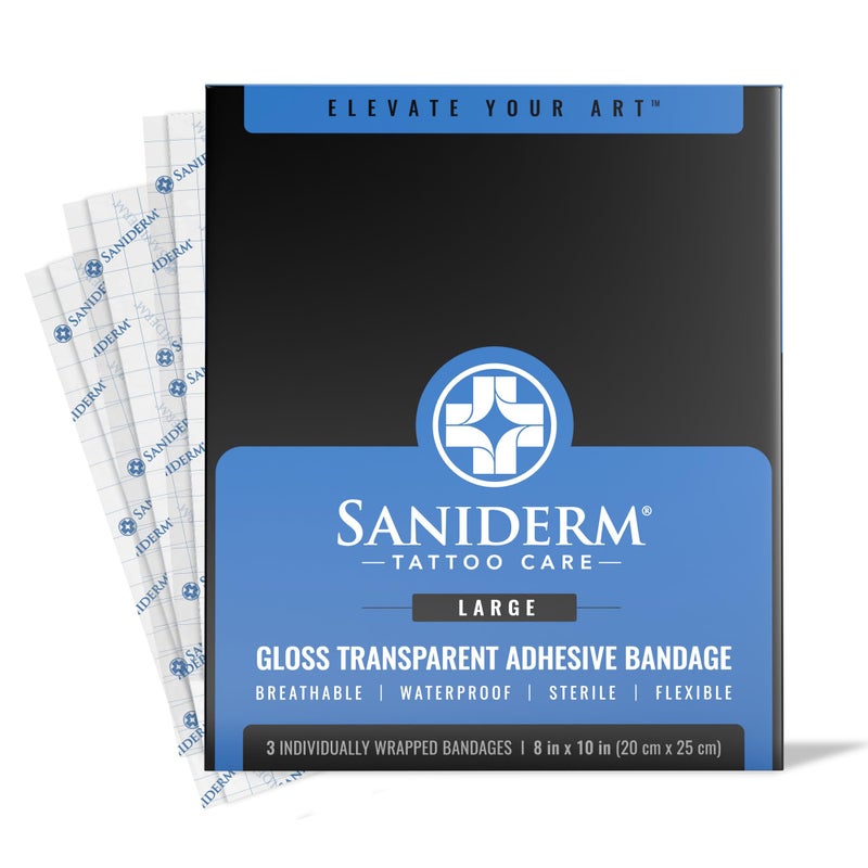 Saniderm Tattoo Aftercare Bandage 3 Sheets (Large Pack, 8 in x 10 in) – Convenient, Faster Tattoo Healing and Protection – Sterile, Waterproof, and Latex-Free - Image 1