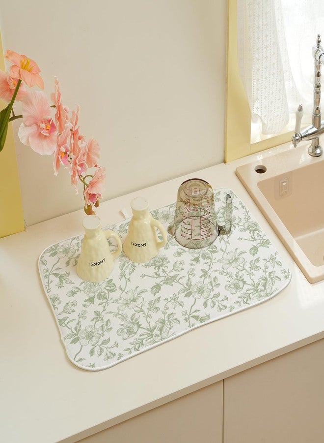Sorktse Sage Green Floral Dish Drying Mat 18 x 24 Inch Vintage Light Green Floral Drying Mat for Kitchen Counter Absorbent Spring Summer Flowers Dishes Dry Pad for Drainer Rack Kitchen Fast Dry - Image 5