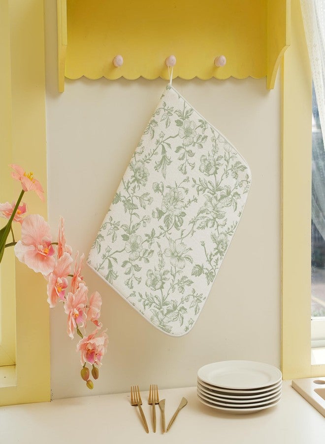 Sorktse Sage Green Floral Dish Drying Mat 18 x 24 Inch Vintage Light Green Floral Drying Mat for Kitchen Counter Absorbent Spring Summer Flowers Dishes Dry Pad for Drainer Rack Kitchen Fast Dry - Image 3