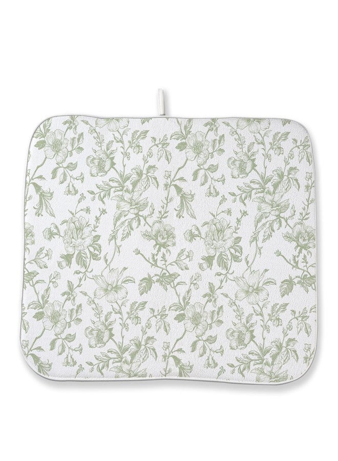 Sorktse Sage Green Floral Dish Drying Mat 18 x 24 Inch Vintage Light Green Floral Drying Mat for Kitchen Counter Absorbent Spring Summer Flowers Dishes Dry Pad for Drainer Rack Kitchen Fast Dry - Image 1