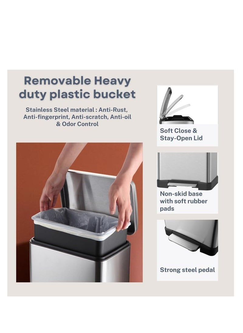 WT-EASYCARE 30L Stainless Steel Trash Bin – Removable Plastic Bucket, Soft Close & Stay-Open Lid, Strong Pedal, Odor Control, Non-Skid Base, Anti-Fingerprint – Ideal for Home, Office, Bedroom & Events  - Image 4
