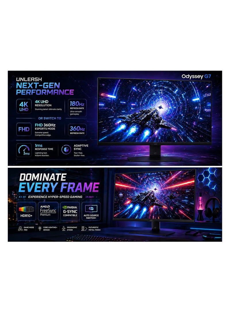 Samsung 27 inch Odyssey G7 (4K UHD 180Hz) Or Switch (FHD 360Hz) 1ms Response Time, FreeSync Premium, HDR10+, G-Sync FreeSync Premium, Auto Source Switch+, G70F LS27FG706EMXUE Black - Image 2