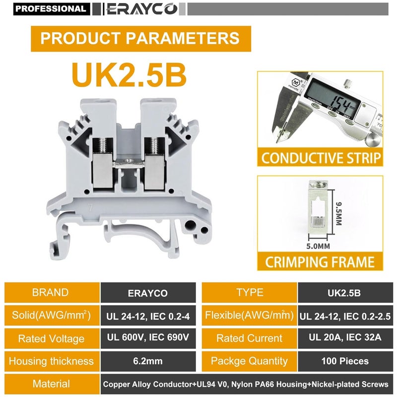 Erayco UK2.5B-WR DIN Rail Terminal Block, Screw Clamp, 600V 20A 24-12AWG, Pack of 100 (Red) - Image 3
