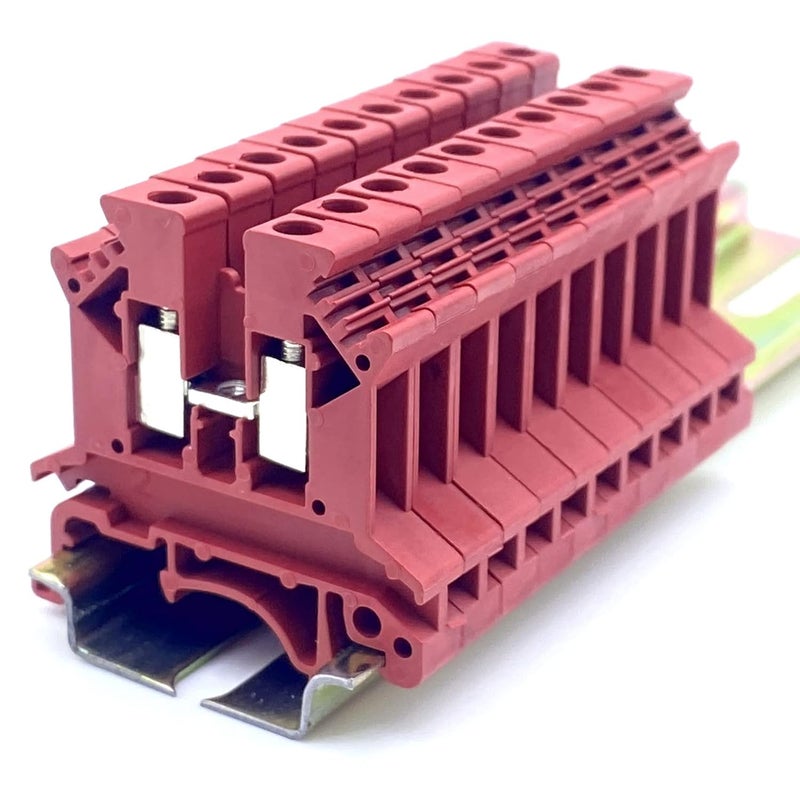 Erayco UK2.5B-WR DIN Rail Terminal Block, Screw Clamp, 600V 20A 24-12AWG, Pack of 100 (Red) - Image 1