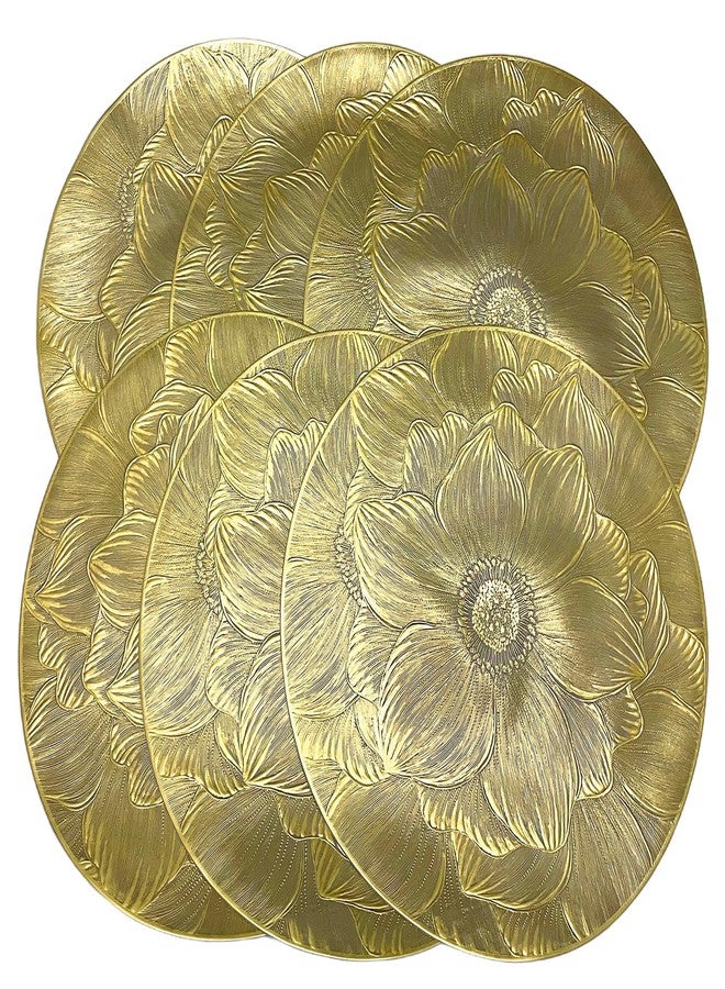 LebriTamFa 15" Round Metallic Gold Placemats Set of 6, Easy-to-Clean Washable Non-Slip PVC Table Mats, Elegant Table Decor for Weddings, Thanksgiving & Christmas - Flattened & Odor-Free Design (Golden Flower) - Image 1