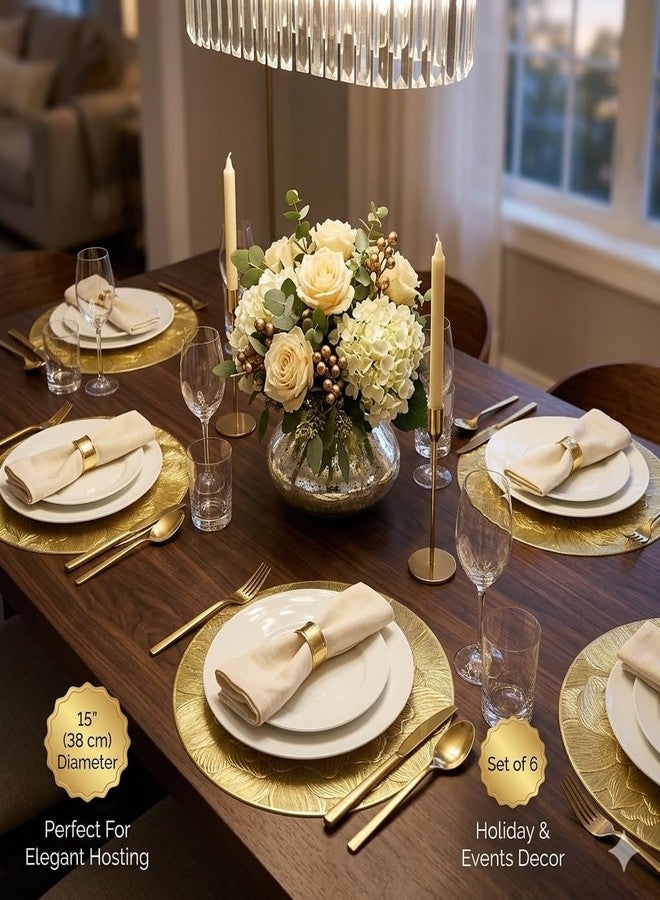 LebriTamFa 15" Round Metallic Gold Placemats Set of 6, Easy-to-Clean Washable Non-Slip PVC Table Mats, Elegant Table Decor for Weddings, Thanksgiving & Christmas - Flattened & Odor-Free Design (Golden Flower) - Image 3