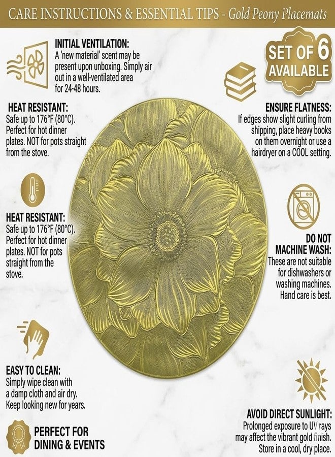LebriTamFa 15" Round Metallic Gold Placemats Set of 6, Easy-to-Clean Washable Non-Slip PVC Table Mats, Elegant Table Decor for Weddings, Thanksgiving & Christmas - Flattened & Odor-Free Design (Golden Flower) - Image 4