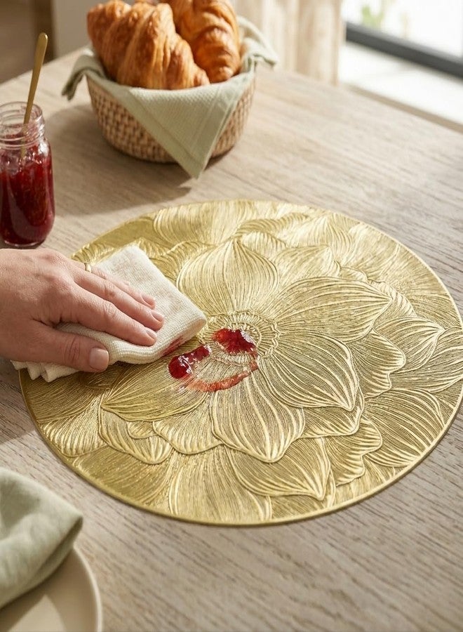 LebriTamFa 15" Round Metallic Gold Placemats Set of 6, Easy-to-Clean Washable Non-Slip PVC Table Mats, Elegant Table Decor for Weddings, Thanksgiving & Christmas - Flattened & Odor-Free Design (Golden Flower) - Image 5