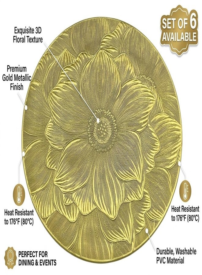 LebriTamFa 15" Round Metallic Gold Placemats Set of 6, Easy-to-Clean Washable Non-Slip PVC Table Mats, Elegant Table Decor for Weddings, Thanksgiving & Christmas - Flattened & Odor-Free Design (Golden Flower) - Image 2