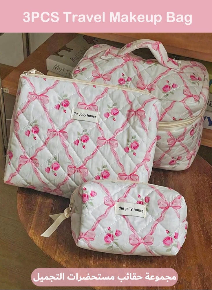 3-Piece Portable Makeup Bag for Women and Girls, Lovely Floral Cotton Cosmetic Bag, Travel Essential Large Toiletry Bags Pink Bows - Image 1