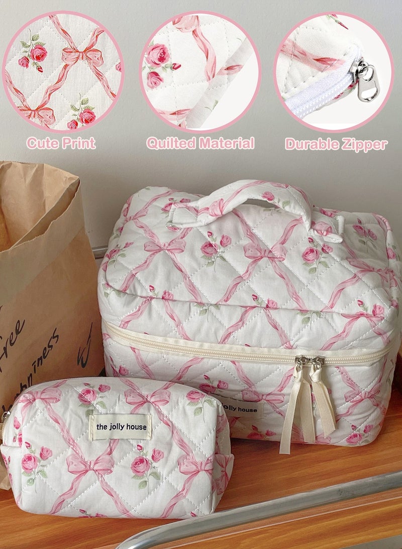 3-Piece Portable Makeup Bag for Women and Girls, Lovely Floral Cotton Cosmetic Bag, Travel Essential Large Toiletry Bags Pink Bows - Image 2