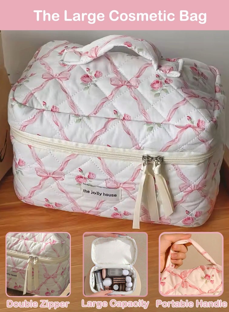 3-Piece Portable Makeup Bag for Women and Girls, Lovely Floral Cotton Cosmetic Bag, Travel Essential Large Toiletry Bags Pink Bows - Image 3