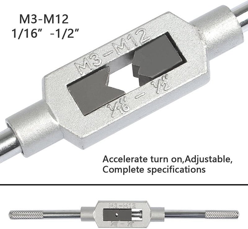 8PCS Tap Wrench Set, Metric Tap Set, Tap Machine Hand Screw Thread Taps Set Thread Metric Plug Tap Drill Bits Set M3 M4 M5 M6 M8 M10 M12 with Adjustable Tap Reamer Wrench Hardware Tool 1/16-1/2"