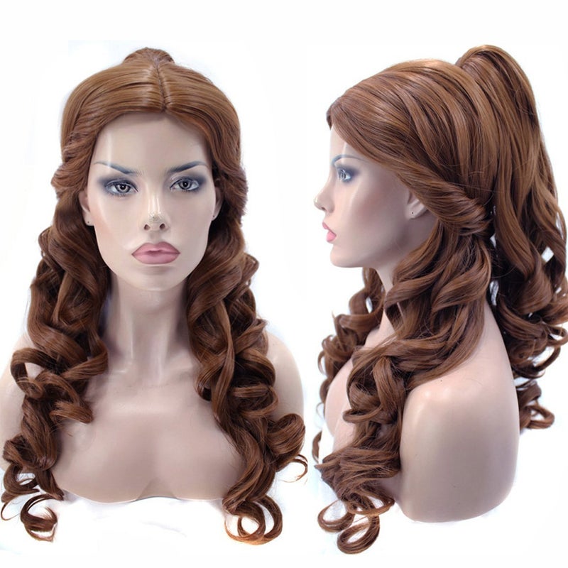 ANOGOL Hair Cap Long Wavy Brown Wig Women Princess Cosplay Wigs Prestyled Brown Ponytail Wigs Curly Auburn Updo Buns Hair for Halloween Costume Cosplay