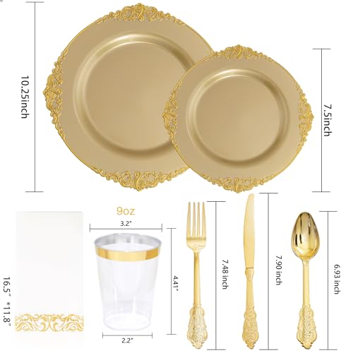 Morejoy 175PCS Solid Gold Plastic Plates with Gold Rim，gold disposable dinnerware sets Include 25 Dinner Plates,25 Dessert Plates,25 Cutlery Sets,25 Napkins Perfect for Party & Thanksgiving - Image 5