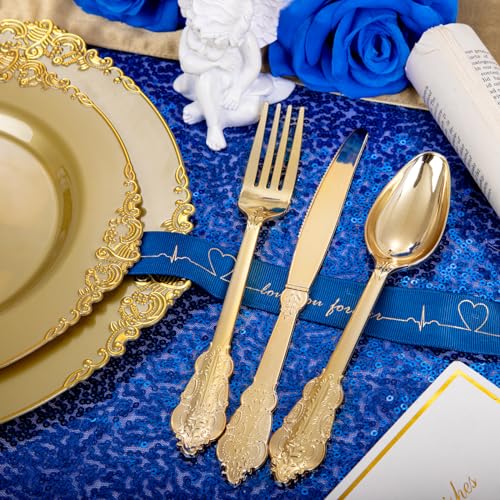 Morejoy 175PCS Solid Gold Plastic Plates with Gold Rim，gold disposable dinnerware sets Include 25 Dinner Plates,25 Dessert Plates,25 Cutlery Sets,25 Napkins Perfect for Party & Thanksgiving - Image 3