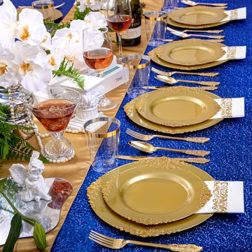 Morejoy 175PCS Solid Gold Plastic Plates with Gold Rim，gold disposable dinnerware sets Include 25 Dinner Plates,25 Dessert Plates,25 Cutlery Sets,25 Napkins Perfect for Party & Thanksgiving - Image 4