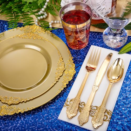 Morejoy 175PCS Solid Gold Plastic Plates with Gold Rim，gold disposable dinnerware sets Include 25 Dinner Plates,25 Dessert Plates,25 Cutlery Sets,25 Napkins Perfect for Party & Thanksgiving - Image 2