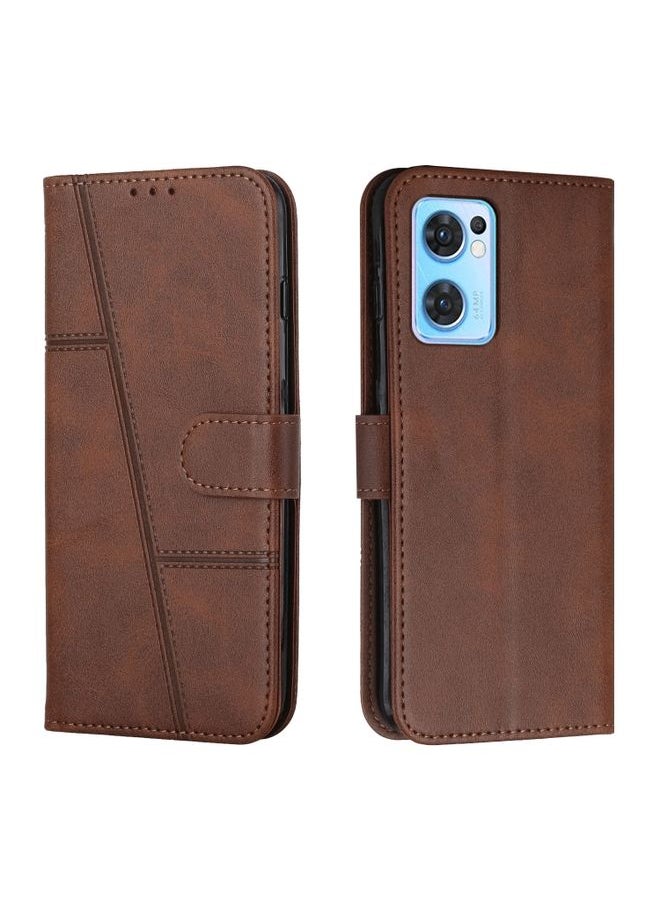 HuHa - Case Cover For OPPO Reno7 5G Global & Taiwan Version / Find X5 Lite Stitching Calf Texture Buckle Leather Phone Case Brown - Image 1