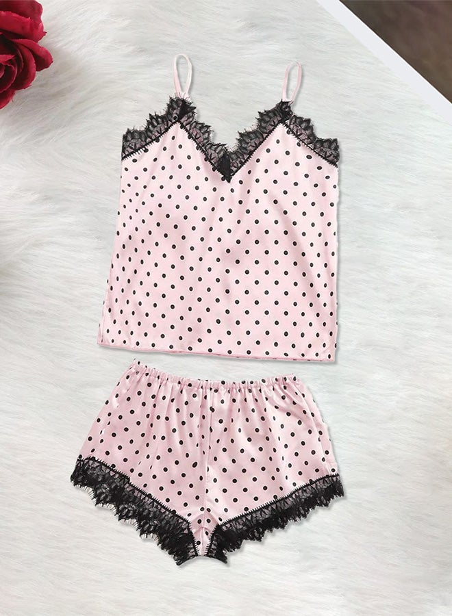 MARGOUN Women Large Size 2 Piece Lingerie Lace V Neck Tops and Short Set Sleepwear Lingerie Homewear Spotted Print Camisole Satin Set Pink /L Under Bust:70-88cm Waist:72-92cm Hip:88-108CM  - Image 5