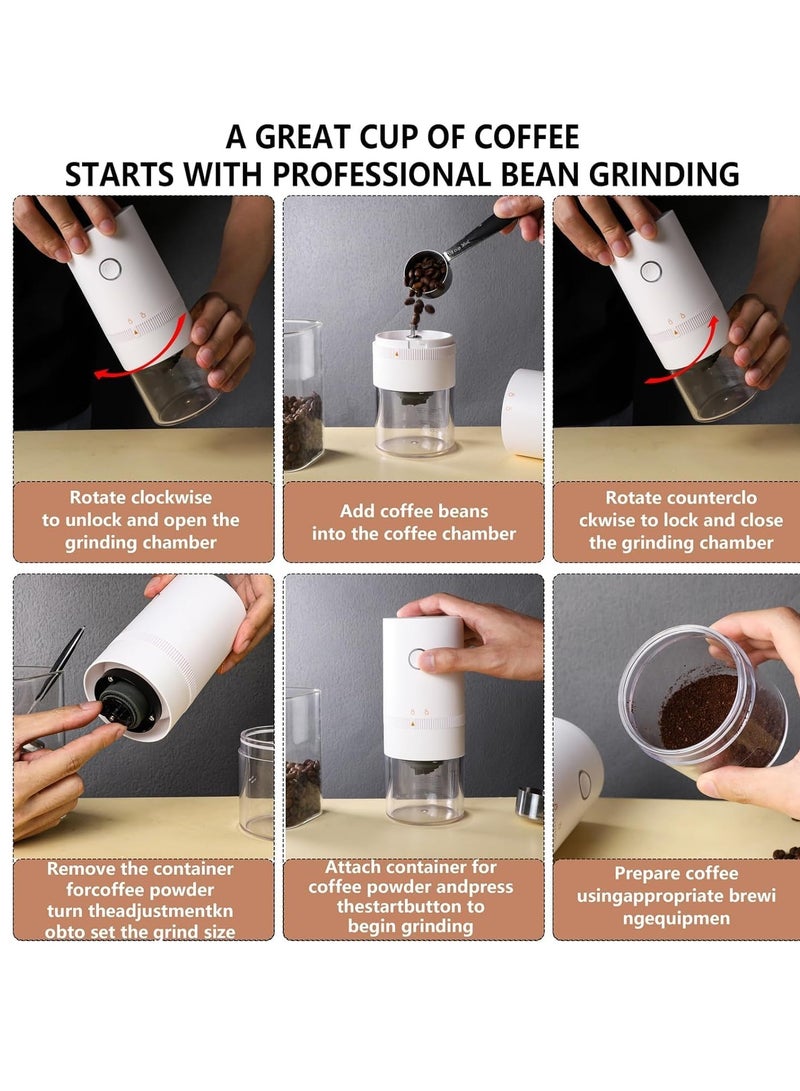 KASTWAVE طاحونة قهوة كهربائية محمولة، 4 أكواب طاحونة مخروطية صغيرة أوتوماتيكية لطحن حبوب القهوة مع إعدادات طحن متعددة، قابلة لإعادة الشحن عبر USB، تشمل فرشاة تنظيف، بيضاء - Image 4